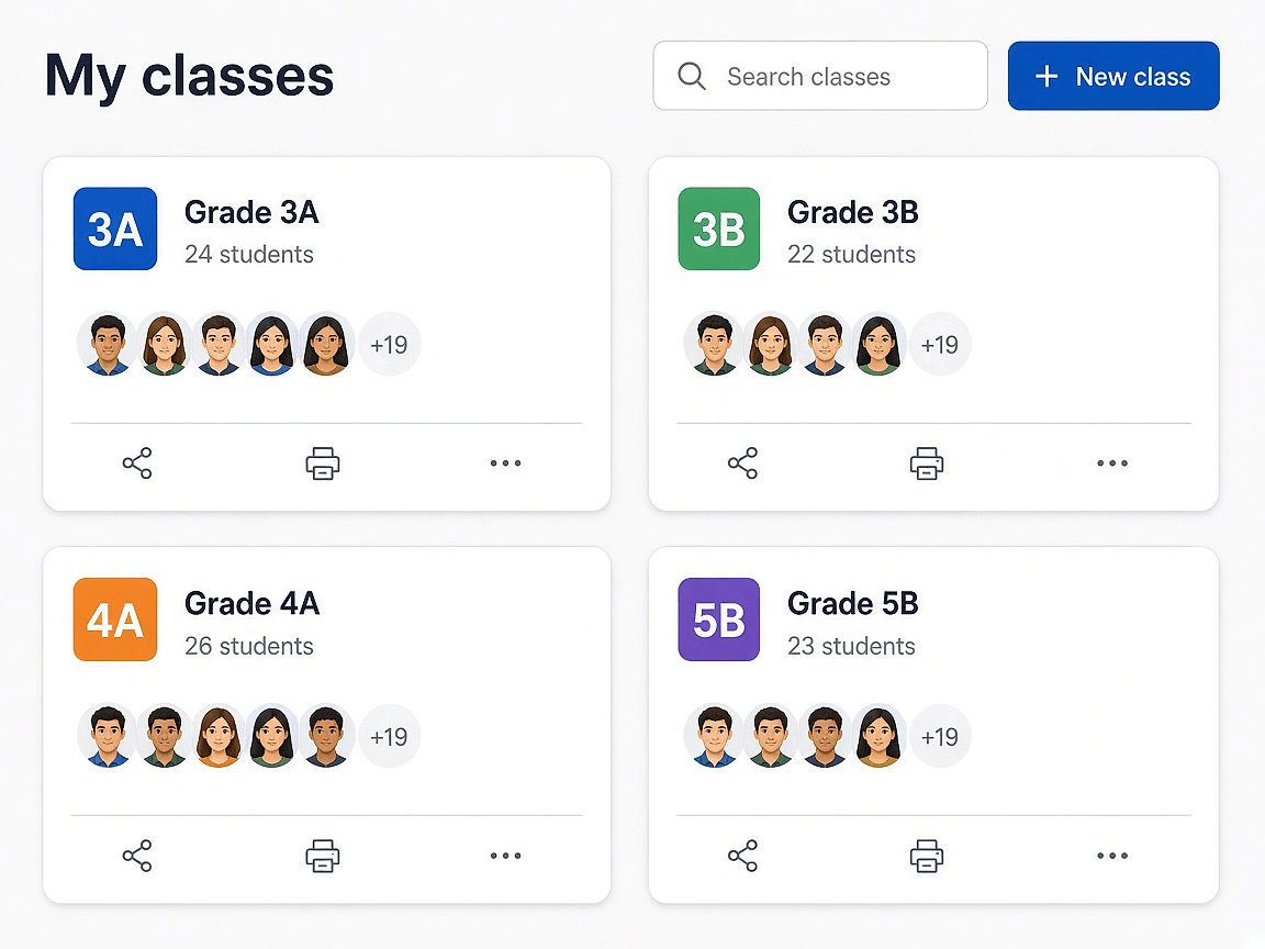 SmartEduTrack class management page with class cards showing student counts, avatars, and share and print options