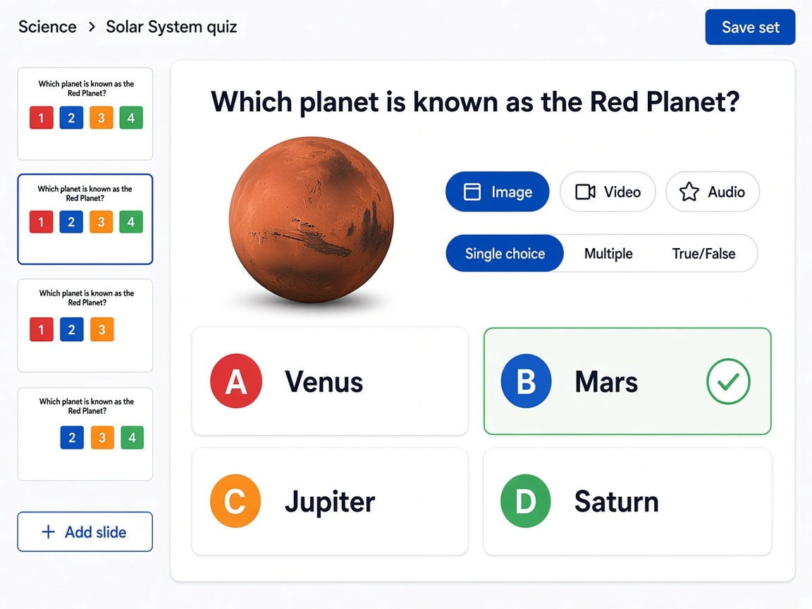 SmartEduTrack question set editor with slide thumbnails, a Mars image, media type options, answer style selector, and four answer choices with the correct one marked