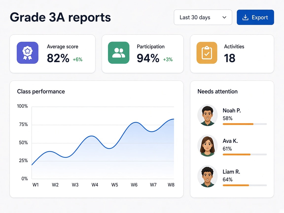 SmartEduTrack class reports dashboard showing average score, participation, activity count, a class performance chart, and students who need attention