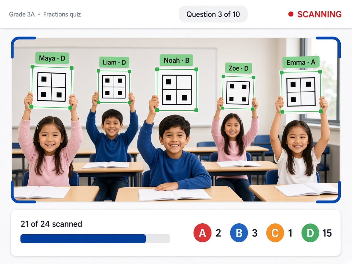 SmartEduTrack camera scanning view detecting students' raised answer cards, with 21 of 24 answers scanned and a tally per answer