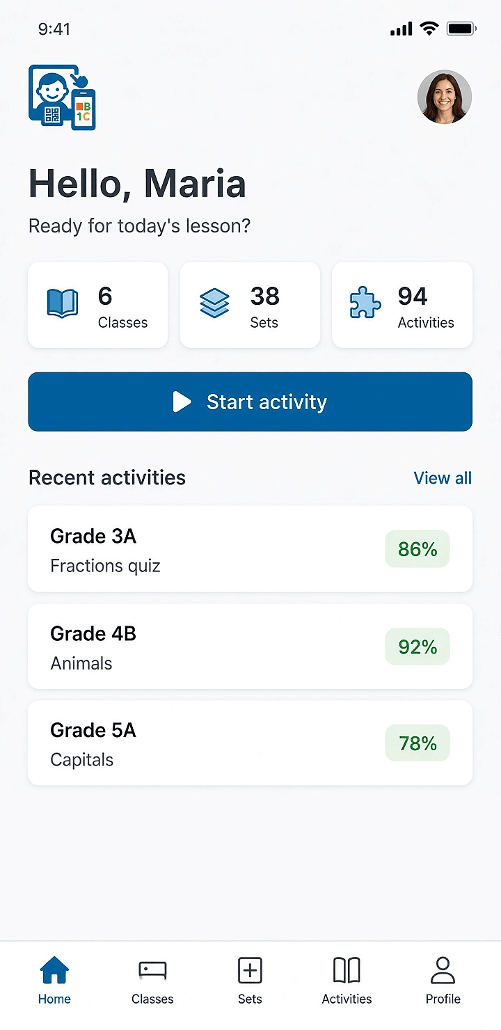SmartEduTrack mobile app home screen with class totals, a start activity button, and recent activity scores