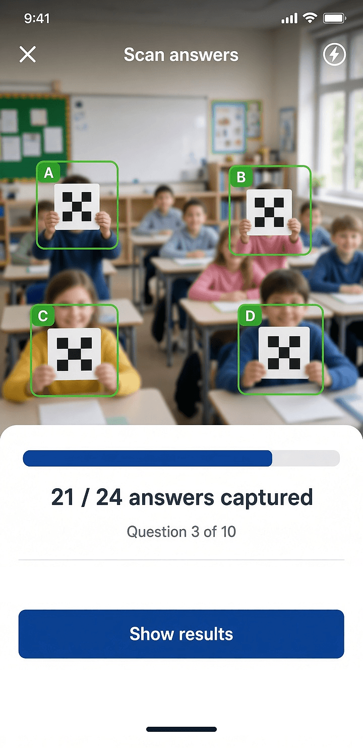 SmartEduTrack mobile camera scanning students' answer cards, with 21 of 24 answers captured